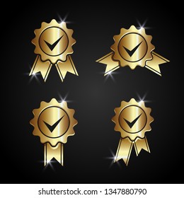 vector icon illustration, gold approved accept certified icon. guarantee icon, quality product symbol, medal with ribbon and check mark sign and symbol.