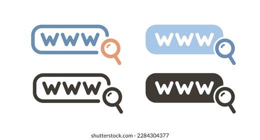 Ilustración vectorial diseño de elemento gráfico de un botón de barra de búsqueda con un magnificador y texto www en 4 estilos diferentes