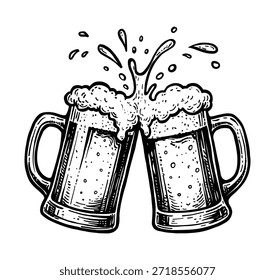 Ilustración de icono de Vector. Tazas de cerveza dibujadas a mano con salpicaduras de espuma. Aislado sobre fondo blanco.