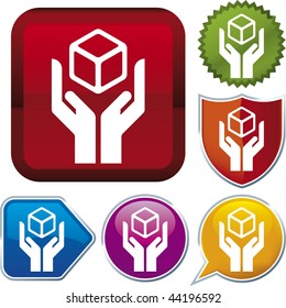 Vector icon illustration of handle with care over diverse buttons. Only global colors. CMYK. Easy color and proportions changes.