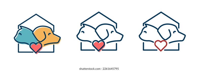 Vector icon illustration of the head of a dog and cat together with a heart and a house behind.. Pet shop, veterinary, medical, shelter or other pet related subjects.