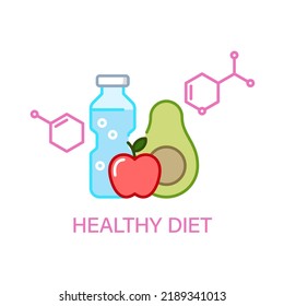 Vektorsymbol - Gesunde Ernährung und Vitamin-Moleküle mit Apple, Avocado und frischem Mineralwasser