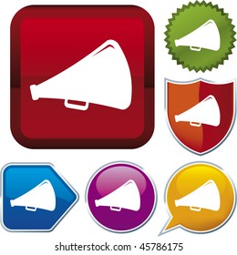 Vector icon illustration of horn speaker over diverse buttons. Only global colors. CMYK. Easy color and proportions changes.