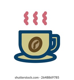 Vector icon illustration of hot coffee image. Cup with illustration of coffee beans and steam rising in representation of hot drink.