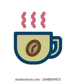 Vector icon illustration of hot coffee image. Cup with illustration of coffee beans and steam rising in representation of hot drink.