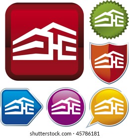 Vector icon illustration of hotel over diverse buttons. Only global colors. CMYK. Easy color and proportions changes.