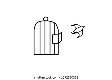 Vector. Icon illustration isolated. The bird flies away from open cage. Symbol of freedom.