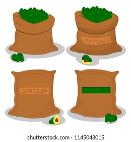 Vector icon illustration logo for bags filled with fruit avocado, storage in sacks. Avocado pattern consisting of ripe food, raw product on open Sack. Tasty avocado from eco sack, full baggy bag.