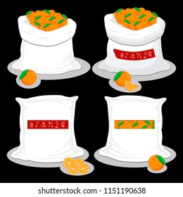 Vector icon illustration logo for bags filled with fruit citrus orange, storage in sacks. Orange pattern consisting of ripe food, raw product on open Sack. Tasty orange from eco sack, full baggy bag.