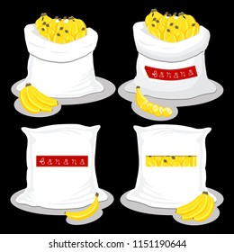 Vector icon illustration logo for bags filled with fruit yellow banana, storage in sacks. Banana pattern consisting of ripe food, raw product on open Sack. Tasty banana from eco sack, full baggy bag.