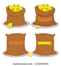 Vector icon illustration logo for bags filled with citrus yellow lemon, storage in sacks. Lemon pattern consisting of ripe food, raw product on open Sack. Tasty lemon from eco sack, full baggy bag.