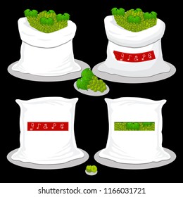Vector icon illustration logo for bags filled with bunch green grape, storage in sacks. Grape pattern consisting of ripe food, raw product on open Sack. Tasty grape from eco sack, full baggy bag.
