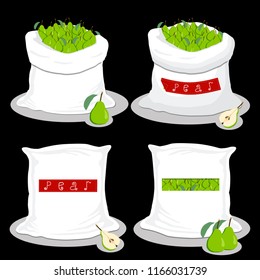 Vector icon illustration logo for bags filled with fruit green pear, storage in sacks. Pear pattern consisting of ripe food, raw product on open Sack. Tasty pears from eco sack, full baggy bag