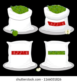 Vector icon illustration logo for bags filled with fruit green apple, storage in sacks. Apple pattern consisting of ripe food, raw product on open Sack. Tasty apple from eco sack, full baggy bag.