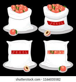 Vector icon illustration logo for bags filled with fruit peach, storage in sacks. Peach pattern consisting of ripe food, raw product on open Sack. Tasty fruit peach from eco sack, full baggy bag.