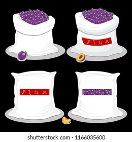 Vector icon illustration logo for bags filled with berry purple plum, storage in sacks. Plum pattern consisting of ripe food, raw product on open Sack. Tasty fruit plum from eco sack, full baggy bag.