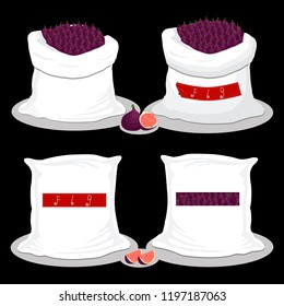 Vector icon illustration logo for bags filled with fruit purple fig, storage in sacks. Fig pattern consisting of ripe food, raw product on open Sack. 