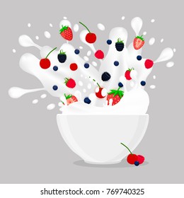 Vector icon illustration logo for berries in bowl, splash cereal of drop white milk. Cereal pattern consisting of bowls is filled with berry strawberry, cherry, raspberry. Eat cereals grains in Bowl.