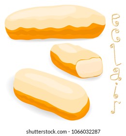 Vector icon illustration logo for cake French eclair with custard cream. Eclair pattern consisting of different colored sweet french dessert confection. Eat tasty cakes eclair covered in glaze cream.