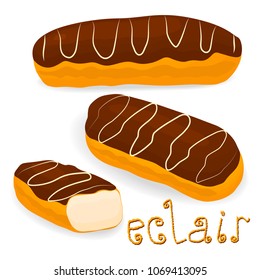 Vector icon illustration logo for cake French eclair with custard cream. Eclair pattern consisting of different colored sweet french dessert confection. Eat tasty cakes eclair covered in glaze cream.
