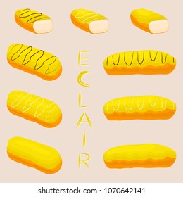 Vector icon illustration logo for cake French eclair with custard cream. Eclair pattern consisting of different colored sweet french dessert confection. Eat tasty cakes eclair covered in glaze cream.