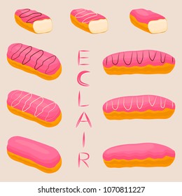 Vector icon illustration logo for cake French eclair with custard cream. Eclair pattern consisting of different colored sweet french dessert confection. Eat tasty cakes eclair covered in glaze cream.