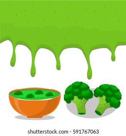 Vector icon illustration logo ceramic bowl, wide plate filled with homemade broccoli soup. Soup pattern consisting of bowls with vegetables, dripping drops Broccoli. Eat soups in Bowl from broccolis.