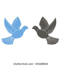 Vector icon illustration of logo for dove peace with wings, feathers, pigeon on white background. Pigeon drawing consisting of celebration holiday, doves symbol love. Freedom peace-bird pigeons.