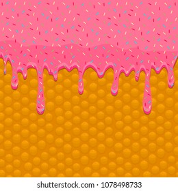 Vector icon illustration logo for dripping pink glaze on sweet waffles. Waffle pattern consisting of bubble different dessert confectionery, drop fresh cream to wafer. Eat tasty patisserie waffle.