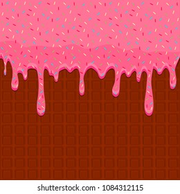 Vector icon illustration logo for dripping pink glaze on sweet waffles. Waffle pattern consisting of bubble different dessert confectionery, drop fresh cream to wafer. Eat tasty patisserie waffle.