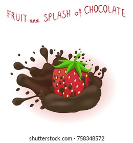 Vector icon illustration logo for fruit red strawberry, splash of drop brown chocolate.Strawberry pattern consisting of splashes drip flow liquid Chocolate.Eat sweet fruits strawberries in chocolates.