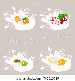 Vector icon illustration logo for fruit orange, grape, melon, papaya, splash of drop white milk. Melon pattern of splashes drip flow Milk. Eat sweet fruits oranges, grapes, melons, papayas in milks.