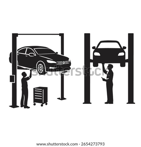 vector icon illustration logo of mechanic checks the bottom of the jacked up car