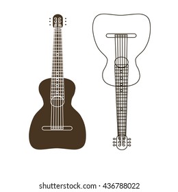 Vector icon illustration of logo for musical instrument retro acoustic guitar closeup on white background. Guitar drawing consisting of music, melody sound. Wooden style guitars, fingerboard country.