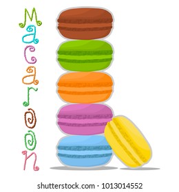 Vector icon illustration logo for pile colorful macaroons, baked goods on morning breakfast. Macaroon pattern consisting of natural sweet french dessert sandwiches. Eat tasty macaroon covered in cream
