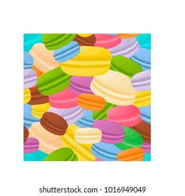Vector icon illustration logo for pile colorful macaroons, baked goods on morning breakfast. Macaroon pattern consisting of natural sweet french dessert sandwiches. Eat tasty macaroon covered in cream