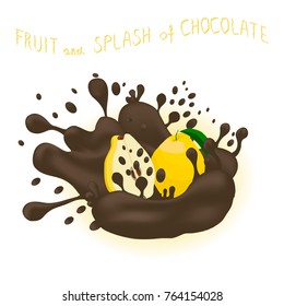 Vector icon illustration logo for ripe exotic fruit quince, splash of drop brown chocolate. Quince pattern consisting of splashes drip flow liquid Chocolate. Eat exotics fruits quinces in chocolates.