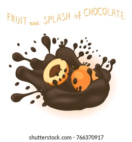 Vector icon illustration logo for ripe fruit yellow apricot, splash of drop brown chocolate. Apricot pattern consisting of splashes drip flow liquid Chocolate. Eat sweet fruits apricots in chocolates.