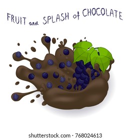 Vector icon illustration logo for ripe berry blue branch grape, splash of drop brown chocolate. Grape pattern consisting of splashes drip flow liquid Chocolate. Eat sweet fruits grapes in chocolates.