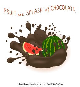 Vector icon illustration logo for ripe berry red watermelon, splash of drop brown chocolate. Watermelon pattern consisting of splashes drip flow liquid Chocolate. Eat fruits watermelons in chocolates.