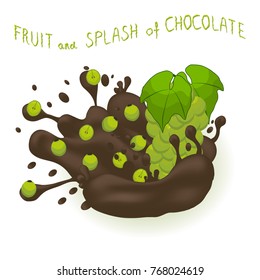 Vector icon illustration logo for ripe berry green branch grape, splash of drop brown chocolate. Grape pattern consisting of splashes drip flow liquid Chocolate. Eat sweet fruits grapes in chocolates.