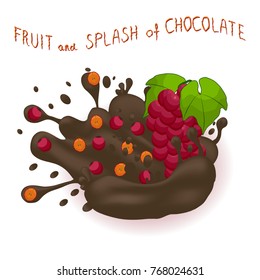 Vector icon illustration logo for ripe berry red branch grape, splash of drop brown chocolate. Grape pattern consisting of splashes drip flow liquid Chocolate. Eat sweet fruits grapes in chocolates.