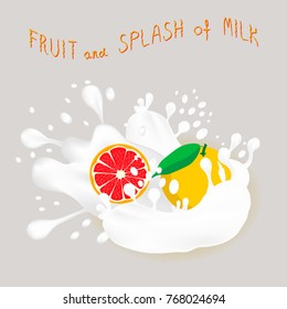 Vector icon illustration logo for ripe citrus fruit red grapefruit, splash of drop white milk. Grapefruit pattern consisting of splashes drip flow liquid Milk. Eat citrus fruits grapefruits in milks.