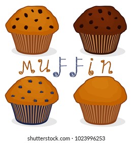 Vector Icon Illustration Logo For Set Homemade Muffin, Blue Berry Blueberry, Brown Chocolate, Sweet Raisins On Morning Breakfast. Muffin Pattern Of Natural French Dessert Biscuit. Eat Tasty Muffins.