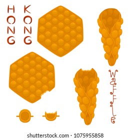 Vector icon illustration logo for set various sweet Hong Kong waffles with whipped cream. Waffle pattern consisting of bubble different dessert confectionery fresh wafer. Eat tasty patisserie waffle.
