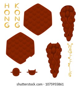 Vector icon illustration logo for set various sweet Hong Kong waffles with whipped cream. Waffle pattern consisting of bubble different dessert confectionery fresh wafer. Eat tasty patisserie waffle.