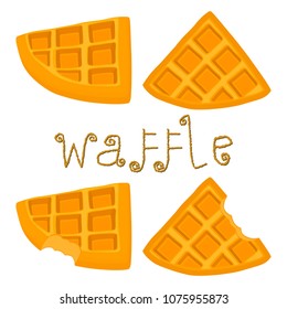 Vector icon illustration logo for set various sweet waffles. Waffle pattern consisting of slice different dessert confectionery, fresh wafer with milk. Eat tasty patisserie waffle covered in milks.