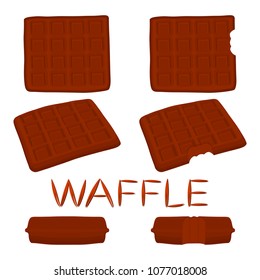 Vector icon illustration logo for set various sweet waffles. Waffle pattern consisting of slice different dessert confectionery, fresh wafer with milk. Eat tasty patisserie waffle covered in milks.