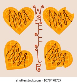 Vector icon illustration logo for set various sweet waffles. Waffle pattern consisting of slice different dessert confectionery, wafer with chocolate. Eat tasty patisserie waffle covered in chocolates