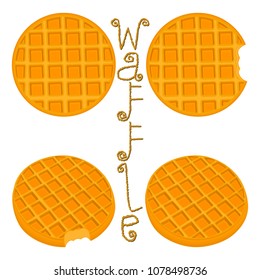 Vector icon illustration logo for set various sweet waffles. Waffle pattern consisting of slice different dessert confectionery, fresh wafer with milk. Eat tasty patisserie waffle covered in milks.